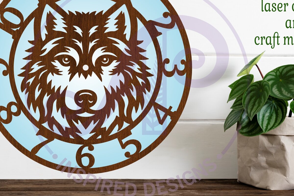 Intra απο ξύλο plywood 3mm-4mm πάχος – Ρολόι Wolf Face Ρολόι τοίχου με λέιζερ Δίασταση  40x30 cm INTRAFABR-116047174