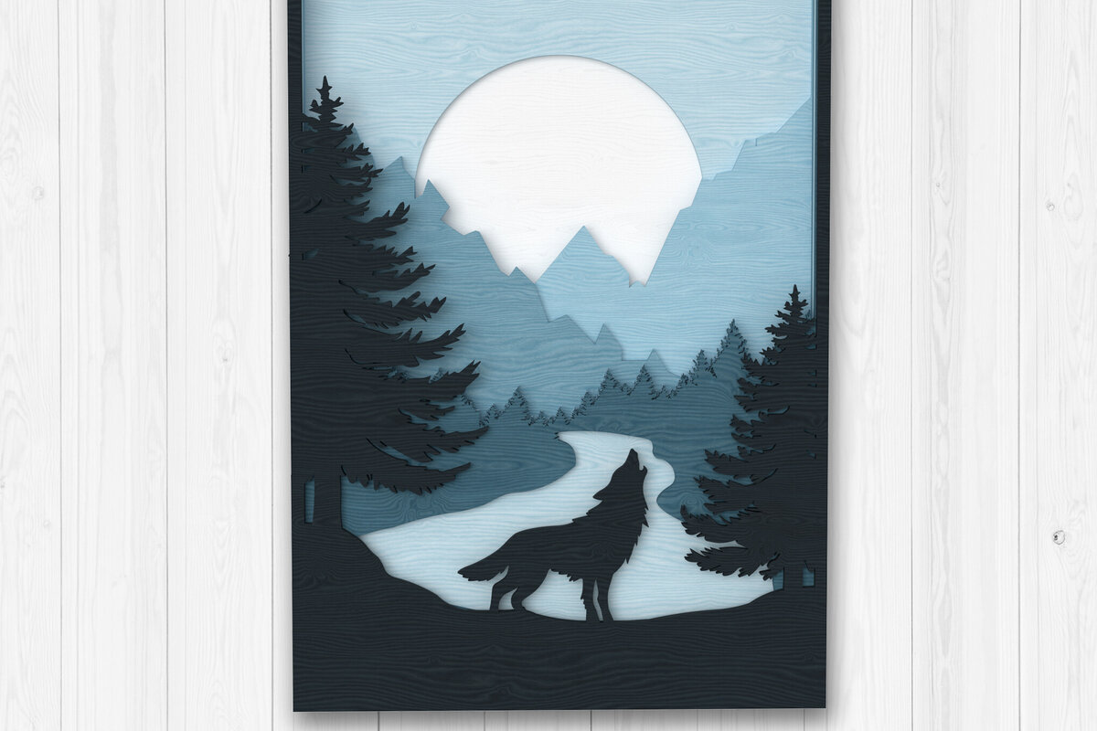 Intra απο ξύλο plywood 3mm-4mm πάχος – Λύκος που ουρλιάζει Δάσος Σκηνή Δίασταση  20x20 cm INTRAFABR-113766347