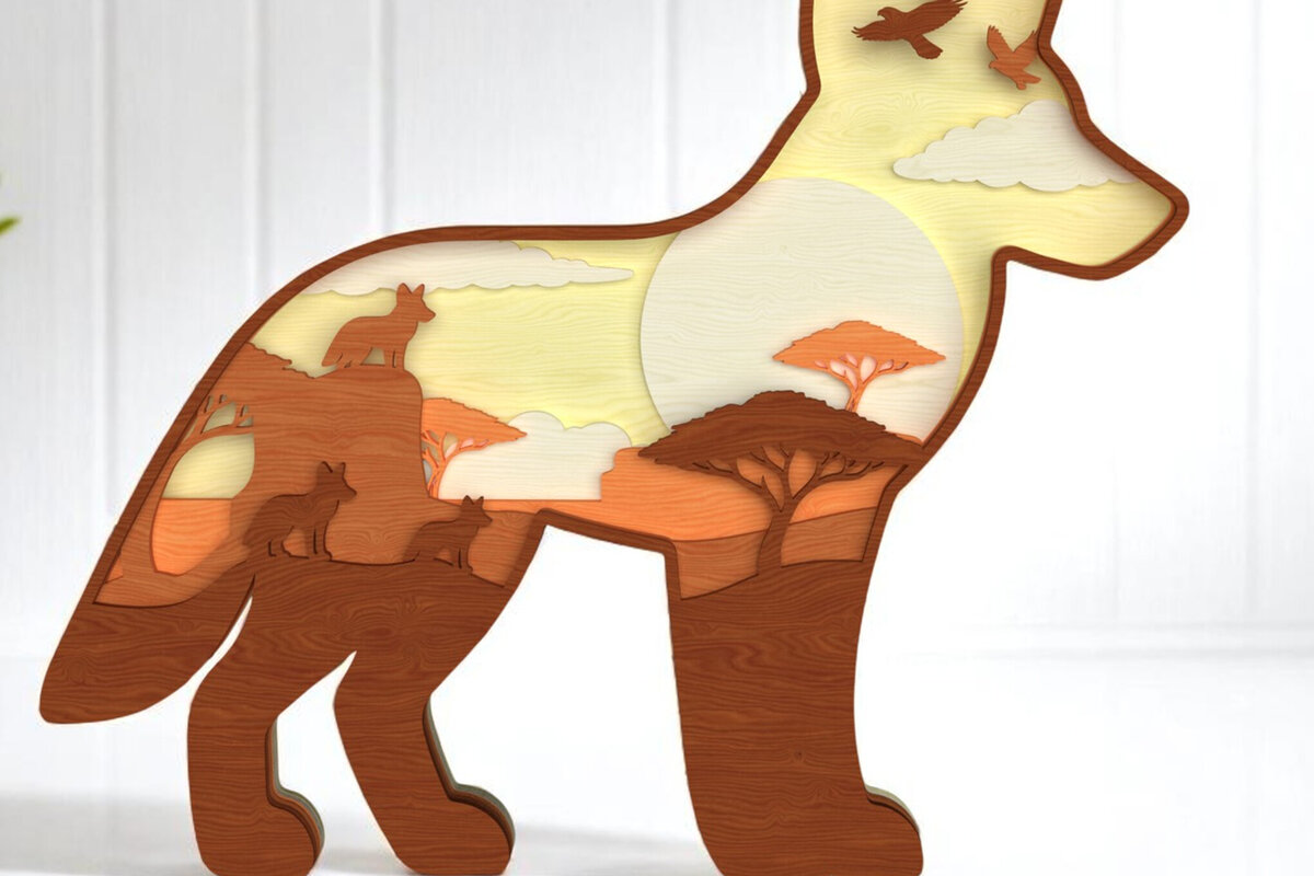 Intra απο ξύλο plywood 3mm-4mm πάχος – Wolf Layered Safari Scene Δίασταση  20x20 cm INTRAFABR-121364087