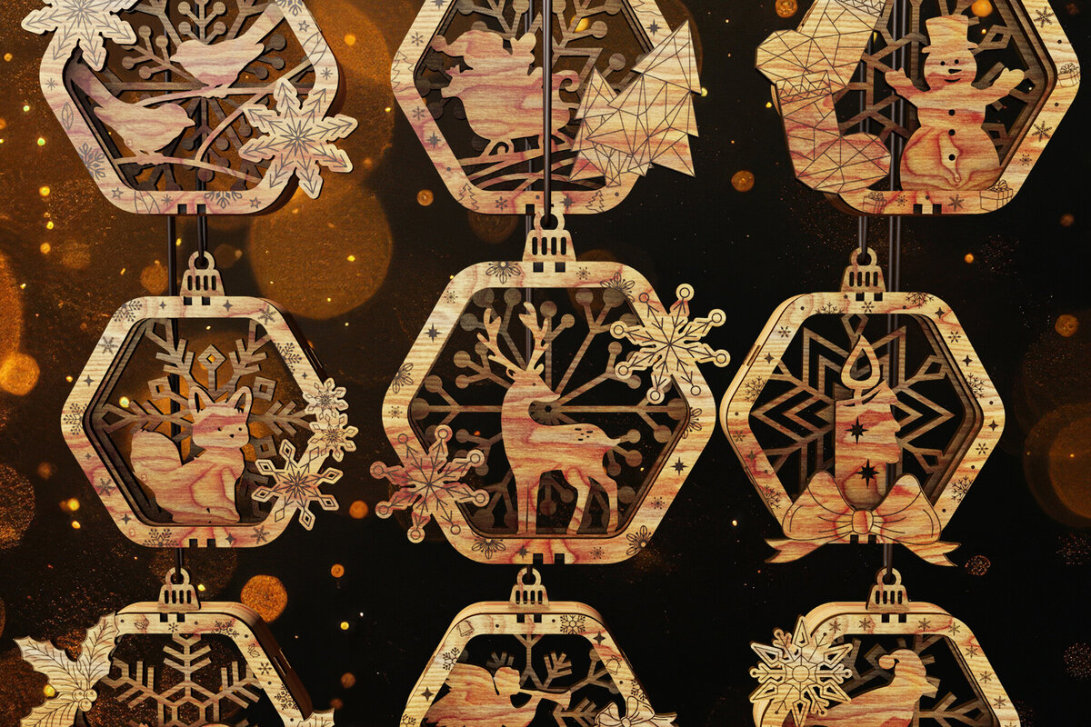 Intra απο ξύλο plywood 3mm-4mm πάχος – Ξύλινα εξάγωνα Χριστουγεννιάτικα στολίδια Δίασταση  20x20 cm INTRAFABR-110907956