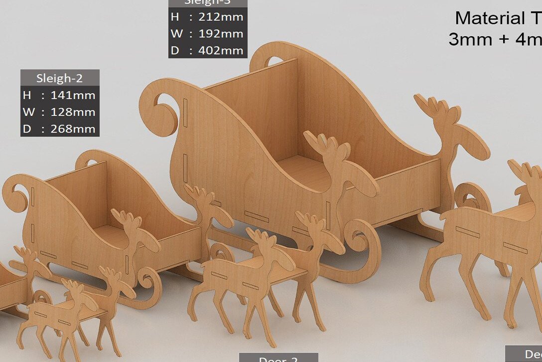 Intra απο ξύλο plywood 3mm-4mm πάχος – Ξύλινο έλκηθρο με ελάφια Santa Reindeers Δίασταση  20x20 cm INTRAFABR-41644342