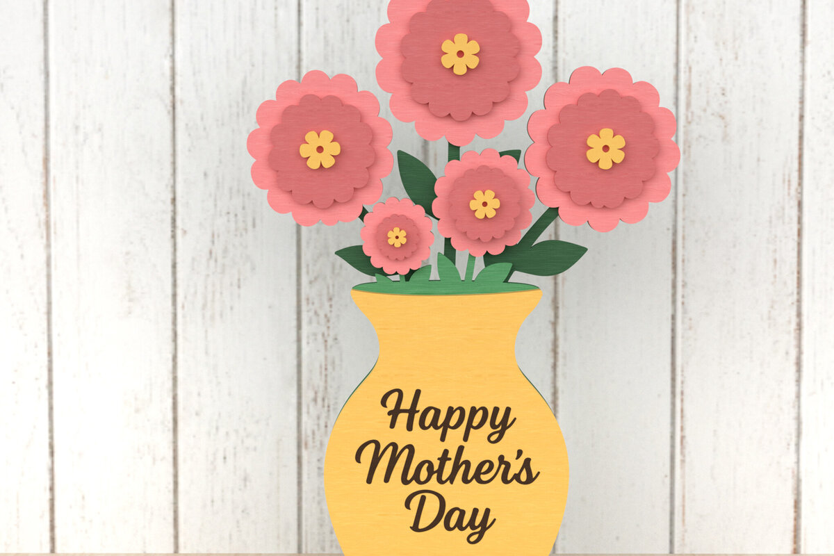 Intra απο ξύλο plywood 3mm-4mm πάχος – Κίτρινο βάζο λουλούδια για τη γιορτή της μητέρας Δίασταση  20x20 cm INTRAFABR-119868014