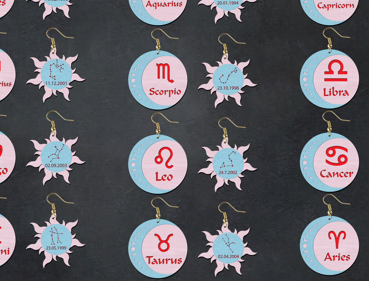 Intra απο ξύλο plywood 3mm-4mm πάχος – Αρχεία κοπής με λέιζερ σκουλαρίκια Zodiac Δίασταση  5x5 cm INTRAFABR-26417027