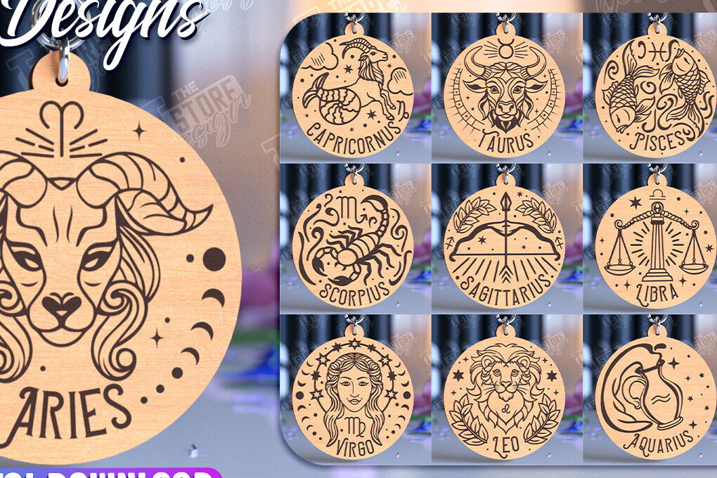 Intra απο ξύλο plywood 3mm-4mm πάχος – Πακέτο σχεδίασης κοπής λέιζερ μπρελόκ Zodiac Δίασταση  5x5 cm INTRAFABR-98273439