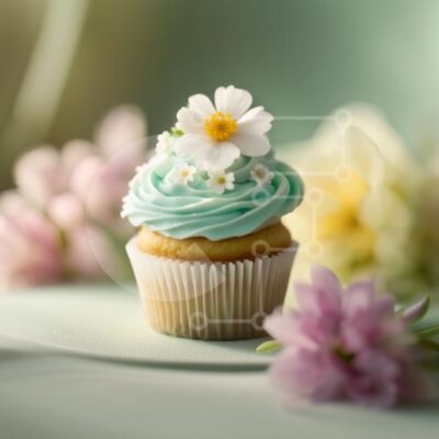 Intra Συλλεκτικό Ξύλινο Παζλ Plywood  4mm - Λαχταριστό μπλε cupcake με υπέροχα λευκά λουλούδια διακοσμητικά Σε Ξύλινο Κουτί - Διαστάσεις: 10x10 cm – 25 κομμάτια - Image 1