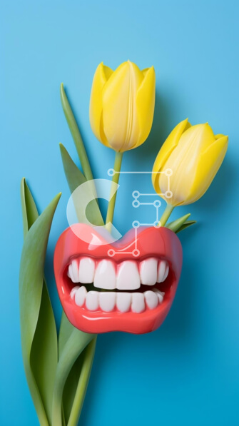 Intra Συλλεκτικό Ξύλινο Παζλ Plywood  4mm - Κίτρινες τουλίπες σε σχήμα ανοιχτού στόματος σε μπλε φόντο Σε Ξύλινο Κουτί - Διαστάσεις: 10x10 cm – 25 κομμάτια