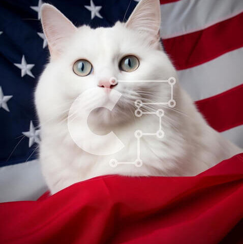 Intra Συλλεκτικό Ξύλινο Παζλ Plywood  4mm - Περίεργη λευκή γάτα στην αμερικανική σημαία Σε Ξύλινο Κουτί - Διαστάσεις: 10x10 cm – 25 κομμάτια - Image 1