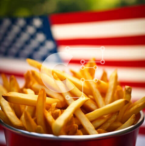 Intra Συλλεκτικό Ξύλινο Παζλ Plywood  4mm - Κόκκινος κουβάς με τηγανιτές πατάτες με φόντο την αμερικανική σημαία Σε Ξύλινο Κουτί - Διαστάσεις: 10x10 cm – 25 κομμάτια - Image 1