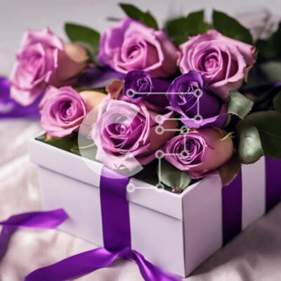 Intra Συλλεκτικό Ξύλινο Παζλ Plywood  4mm - Μωβ τριαντάφυλλα σε λευκό κουτί με κορδέλα Σε Ξύλινο Κουτί - Διαστάσεις: 10x10 cm – 25 κομμάτια - Image 1