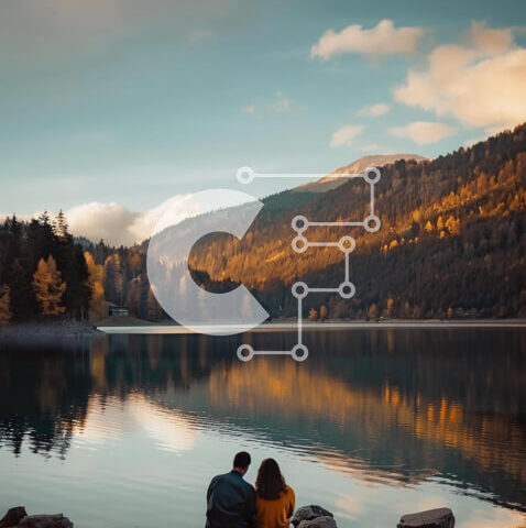 Intra Συλλεκτικό Ξύλινο Παζλ Plywood  4mm - Ζευγάρι που κάθεται δίπλα στη λίμνη με θέα στο βουνό Σε Ξύλινο Κουτί - Διαστάσεις: 10x10 cm – 25 κομμάτια - Image 1