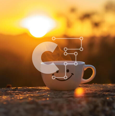 Intra Συλλεκτικό Ξύλινο Παζλ Plywood 4mm - Λευκό φλιτζάνι καφέ με πορτοκαλί χαμογελαστό πρόσωπο στο ηλιοβασίλεμα Σε Ξύλινο Κουτί - Διαστάσεις: 10x10 cm – 25 κομμάτια - Image 1