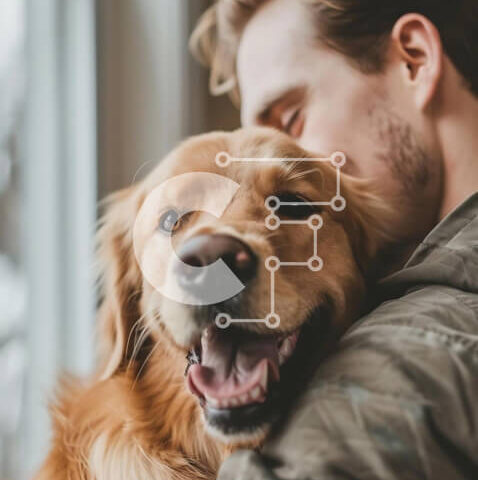 Intra Συλλεκτικό Ξύλινο Παζλ Plywood  4mm - Άνδρας αγκαλιάζει το Γκόλντεν Ριτρίβερ, περνώντας ποιοτικό χρόνο μαζί Σε Ξύλινο Κουτί - Διαστάσεις: 10x10 cm – 25 κομμάτια - Image 1