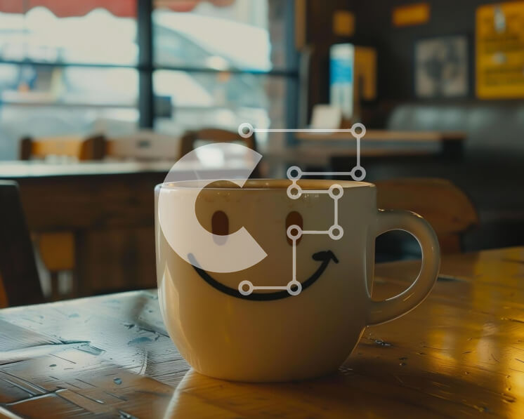 Intra Συλλεκτικό Ξύλινο Παζλ Plywood  4mm - Λευκό φλιτζάνι καφέ με ανάποδα χαμογελαστό πρόσωπο σε ξύλινο τραπέζι Σε Ξύλινο Κουτί - Διαστάσεις: 10x10 cm – 25 κομμάτια