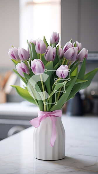 Intra Συλλεκτικό Ξύλινο Παζλ Plywood  4mm - Μωβ τουλίπες σε λευκό βάζο με ροζ κορδέλα Σε Ξύλινο Κουτί - Διαστάσεις: 10x10 cm – 25 κομμάτια