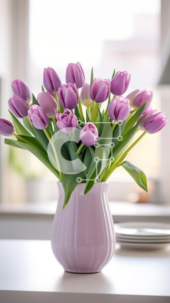 Intra Συλλεκτικό Ξύλινο Παζλ Plywood  4mm - Μωβ τουλίπες σε ροζ βάζο στο τραπέζι Σε Ξύλινο Κουτί - Διαστάσεις: 10x10 cm – 25 κομμάτια