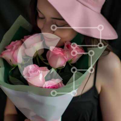 Intra Συλλεκτικό Ξύλινο Παζλ Plywood  4mm - Νεαρή γυναίκα με μπουκέτο ροζ τριαντάφυλλα Σε Ξύλινο Κουτί - Διαστάσεις: 10x10 cm – 25 κομμάτια - Image 1