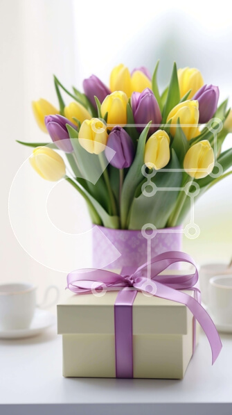 Intra Συλλεκτικό Ξύλινο Παζλ Plywood  4mm - Κίτρινες και μωβ τουλίπες σε βάζο με κουτί δώρου και κύπελλα Σε Ξύλινο Κουτί - Διαστάσεις: 10x10 cm – 25 κομμάτια