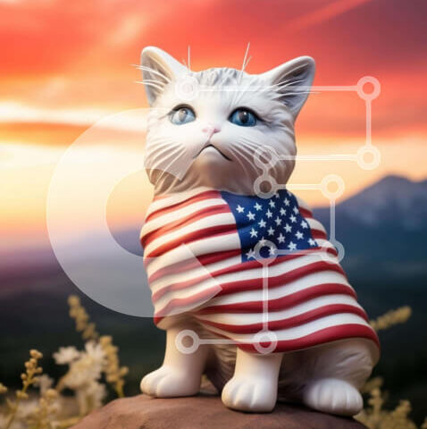 Intra Συλλεκτικό Ξύλινο Παζλ Plywood 4mm - Λευκή γάτα με αμερικανική σημαία που απολαμβάνει το ηλιοβασίλεμα Σε Ξύλινο Κουτί - Διαστάσεις: 10x10 cm – 25 κομμάτια - Image 1