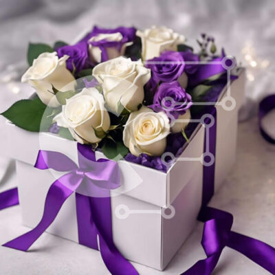 Intra Συλλεκτικό Ξύλινο Παζλ Plywood  4mm - Κομψή λουλουδένια σύνθεση με λευκό τριαντάφυλλο και μωβ κορδέλα Σε Ξύλινο Κουτί - Διαστάσεις: 10x10 cm – 25 κομμάτια - Image 1