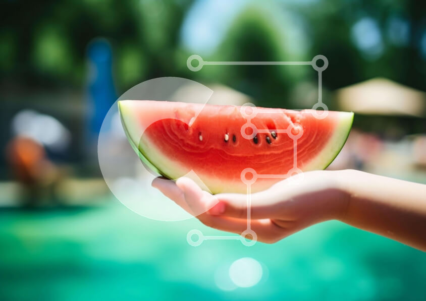 Intra Συλλεκτικό Ξύλινο Παζλ Plywood  4mm - Άτομο που κρατά άγουρη φέτα καρπούζι δίπλα στην πισίνα Σε Ξύλινο Κουτί - Διαστάσεις: 10x10 cm – 25 κομμάτια