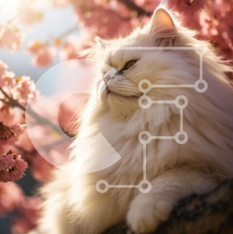 Intra Συλλεκτικό Ξύλινο Παζλ Plywood 4mm - Λευκή γάτα που στηρίζεται σε ροζ ανθισμένο δέντρο Σε Ξύλινο Κουτί - Διαστάσεις: 10x10 cm – 25 κομμάτια - Image 1