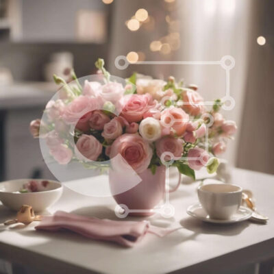 Intra Συλλεκτικό Ξύλινο Παζλ Plywood 4mm - Ροζ βάζο με τριαντάφυλλα και φλιτζάνια καφέ στο τραπέζι Σε Ξύλινο Κουτί - Διαστάσεις: 10x10 cm – 25 κομμάτια - Image 1