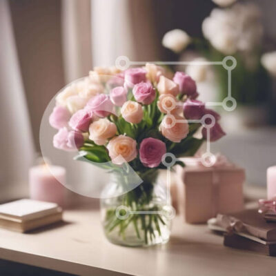 Intra Συλλεκτικό Ξύλινο Παζλ Plywood  4mm - Κομψά ροζ και λευκά τριαντάφυλλα σε γυάλινο βάζο με κεριά Σε Ξύλινο Κουτί - Διαστάσεις: 10x10 cm – 25 κομμάτια - Image 1