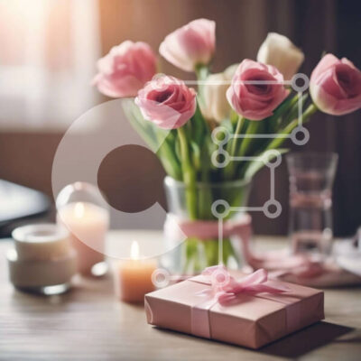 Intra Συλλεκτικό Ξύλινο Παζλ Plywood  4mm - Γυάλινο βάζο με ροζ τουλίπες, κεριά και ανοιχτό δώρο Σε Ξύλινο Κουτί - Διαστάσεις: 10x10 cm – 25 κομμάτια - Image 1