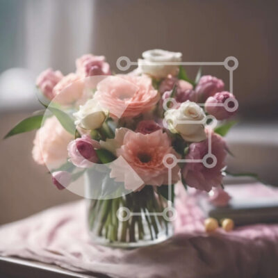 Intra Συλλεκτικό Ξύλινο Παζλ Plywood  4mm - Γυάλινο βάζο με ροζ και λευκά λουλούδια σε ανοιχτό παράθυρο Σε Ξύλινο Κουτί - Διαστάσεις: 10x10 cm – 25 κομμάτια - Image 1