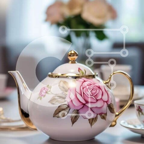 Intra Συλλεκτικό Ξύλινο Παζλ Plywood  4mm - Λευκή τσαγιέρα και φλιτζάνια στο τραπέζι με ροζ τριαντάφυλλο Σε Ξύλινο Κουτί - Διαστάσεις: 10x10 cm – 25 κομμάτια - Image 1