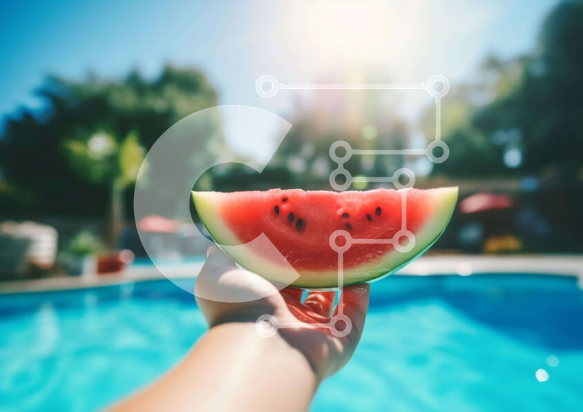 Intra Συλλεκτικό Ξύλινο Παζλ Plywood  4mm - Άτομο με καρπούζι δίπλα στην πισίνα Σε Ξύλινο Κουτί - Διαστάσεις: 10x10 cm – 25 κομμάτια