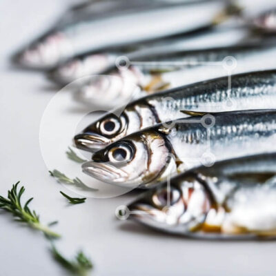 Intra Συλλεκτικό Ξύλινο Παζλ Plywood 4mm - Φρέσκες σαρδέλες σε λευκή επιφάνεια με θυμάρι Σε Ξύλινο Κουτί - Διαστάσεις: 10x10 cm – 25 κομμάτια - Image 1