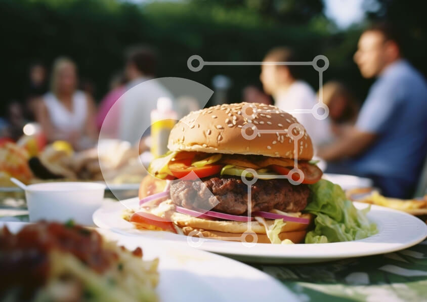 Intra Συλλεκτικό Ξύλινο Παζλ Plywood  4mm - Burger σε τραπεζαρία με ανθρώπους σε εξωτερικούς χώρους Σε Ξύλινο Κουτί - Διαστάσεις: 10x10 cm – 25 κομμάτια