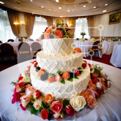 Intra Συλλεκτικό Ξύλινο Παζλ Plywood  4mm - Κομψή γαμήλια τούρτα τριών επιπέδων με φρέσκα φρούτα και λουλούδια Σε Ξύλινο Κουτί - Διαστάσεις: 10x10 cm – 25 κομμάτια - Image 1