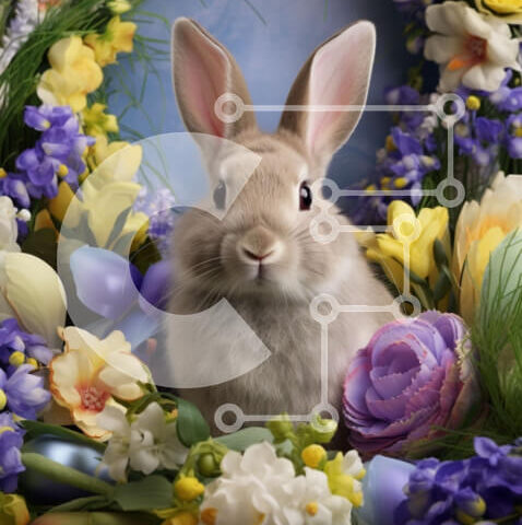 Intra Συλλεκτικό Ξύλινο Παζλ Plywood  4mm - Γκρι λαγουδάκι που περιβάλλεται από πολύχρωμα λουλούδια και αυγά Σε Ξύλινο Κουτί - Διαστάσεις: 10x10 cm – 25 κομμάτια - Image 1