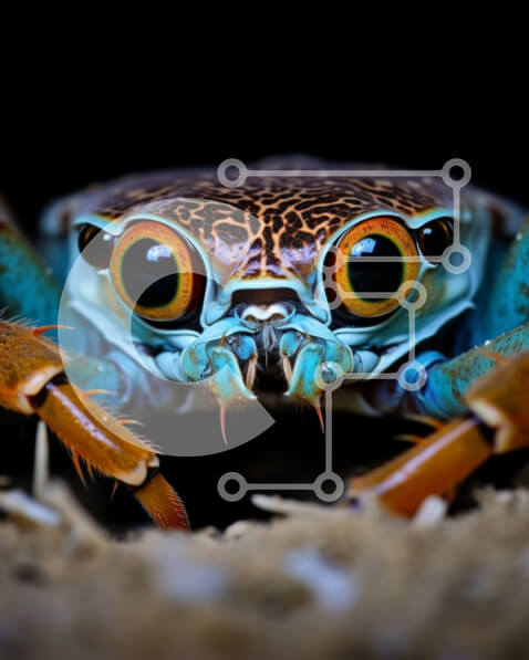 Intra Συλλεκτικό Ξύλινο Παζλ Plywood  4mm - Κοντινό πλάνο μπλε και πορτοκαλί Καβούρι με φωτεινά μάτια Σε Ξύλινο Κουτί - Διαστάσεις: 10x10 cm – 25 κομμάτια