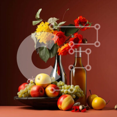 Intra Συλλεκτικό Ξύλινο Παζλ Plywood  4mm - Μπολ με φρέσκα φρούτα και μπουκάλια κρασιού με λουλούδια Σε Ξύλινο Κουτί - Διαστάσεις: 10x10 cm – 25 κομμάτια - Image 1