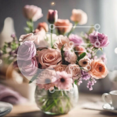 Intra Συλλεκτικό Ξύλινο Παζλ Plywood  4mm - Ροζ και μωβ τριαντάφυλλα σε γυάλινο βάζο με φλιτζάνια καφέ Σε Ξύλινο Κουτί - Διαστάσεις: 10x10 cm – 25 κομμάτια - Image 1