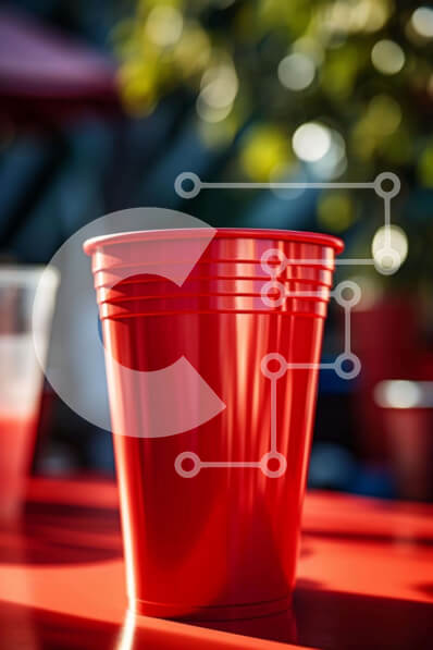 Intra Συλλεκτικό Ξύλινο Παζλ Plywood  4mm - Κόκκινα πλαστικά κύπελλα σε ένα τραπέζι Σε Ξύλινο Κουτί - Διαστάσεις: 10x10 cm – 25 κομμάτια