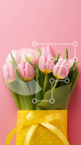 Intra Συλλεκτικό Ξύλινο Παζλ Plywood  4mm - Μπουκέτο με ροζ τουλίπες σε κίτρινο κουτί με κορδέλες με πουά Σε Ξύλινο Κουτί - Διαστάσεις: 10x10 cm – 25 κομμάτια