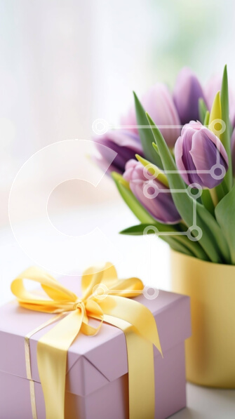 Intra Συλλεκτικό Ξύλινο Παζλ Plywood  4mm - Μωβ τουλίπες σε βάζο και ανοιχτό κίτρινο κουτί δώρου Σε Ξύλινο Κουτί - Διαστάσεις: 10x10 cm – 25 κομμάτια