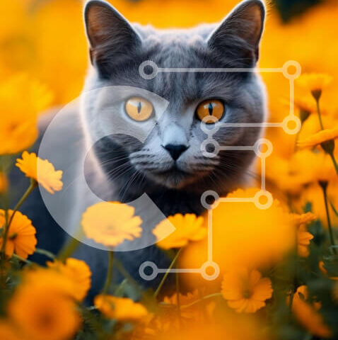 Intra Συλλεκτικό Ξύλινο Παζλ Plywood  4mm - Γκρίζα γάτα ανάμεσα στα κίτρινα λουλούδια Σε Ξύλινο Κουτί - Διαστάσεις: 10x10 cm – 25 κομμάτια - Image 1