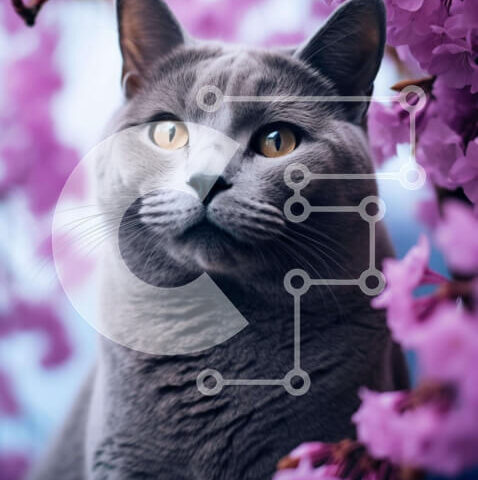 Intra Συλλεκτικό Ξύλινο Παζλ Plywood 4mm - Περίεργη γκρίζα γάτα με μωβ άνθη Σε Ξύλινο Κουτί - Διαστάσεις: 10x10 cm – 25 κομμάτια - Image 1