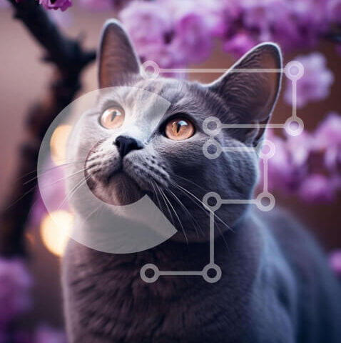 Intra Συλλεκτικό Ξύλινο Παζλ Plywood 4mm - Περίεργη γκρίζα γάτα και μωβ άνθη Σε Ξύλινο Κουτί - Διαστάσεις: 10x10 cm – 25 κομμάτια - Image 1