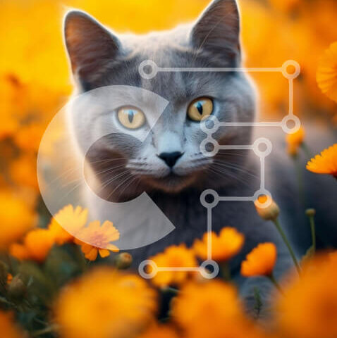 Intra Συλλεκτικό Ξύλινο Παζλ Plywood 4mm - Περίεργη γκρίζα γάτα στο πεδίο πορτοκαλί λουλουδιών Σε Ξύλινο Κουτί - Διαστάσεις: 10x10 cm – 25 κομμάτια - Image 1