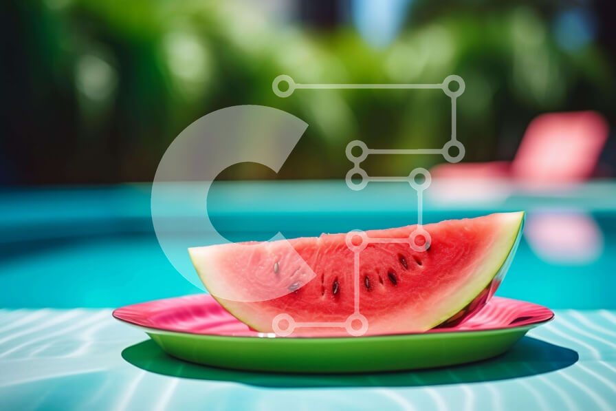 Intra Συλλεκτικό Ξύλινο Παζλ Plywood  4mm - Φέτα καρπούζι σε πορτοκαλί πιάτο δίπλα στην πισίνα Σε Ξύλινο Κουτί - Διαστάσεις: 10x10 cm – 25 κομμάτια