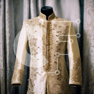 Intra Συλλεκτικό Ξύλινο Παζλ Plywood  4mm - Κοστούμι Sherwani σε χρυσό χρώμα στην οθόνη με ντραπέ κουρτίνες Σε Ξύλινο Κουτί - Διαστάσεις: 10x10 cm – 25 κομμάτια - Image 1