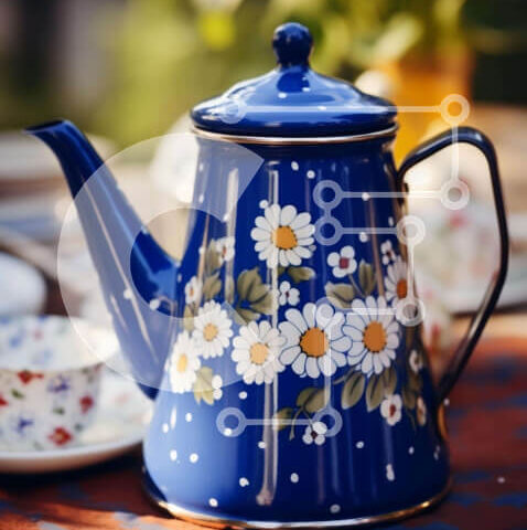 Intra Συλλεκτικό Ξύλινο Παζλ Plywood 4mm - Μπλε τσαγιέρα με λευκές μαργαρίτες στο τραπέζι εξωτερικού χώρου Σε Ξύλινο Κουτί - Διαστάσεις: 10x10 cm – 25 κομμάτια - Image 1