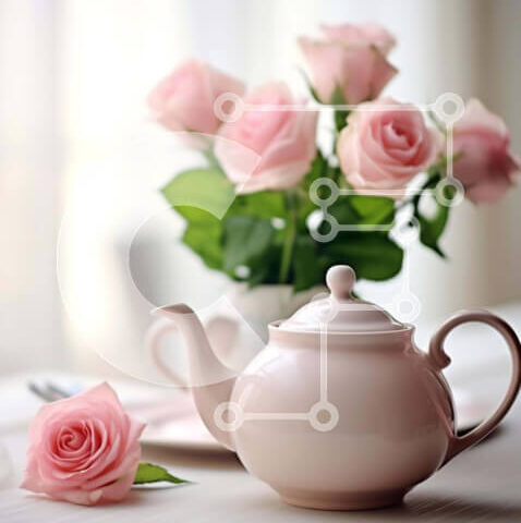 Intra Συλλεκτικό Ξύλινο Παζλ Plywood  4mm - Λευκή Τσαγιέρα με Ροζ Τριαντάφυλλα και Τραπέζι Σε Ξύλινο Κουτί - Διαστάσεις: 10x10 cm – 25 κομμάτια - Image 1