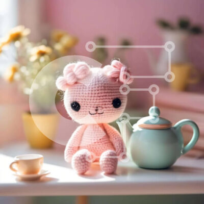 Intra Συλλεκτικό Ξύλινο Παζλ Plywood  4mm - Γοητευτικό ροζ κροσέ αρκουδάκι και τσαγιέρα με φυτά και λουλούδια Σε Ξύλινο Κουτί - Διαστάσεις: 10x10 cm – 25 κομμάτια - Image 1